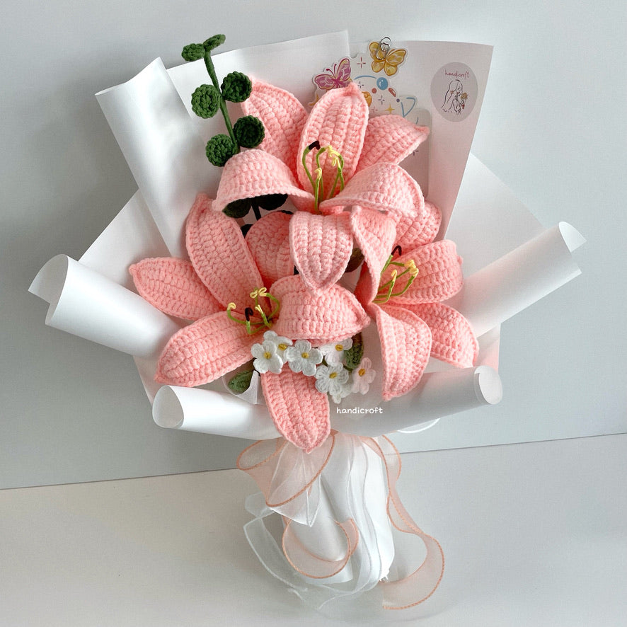 handicroft handmade crochet pink lily flower bouquet lily love letter 3 lilies