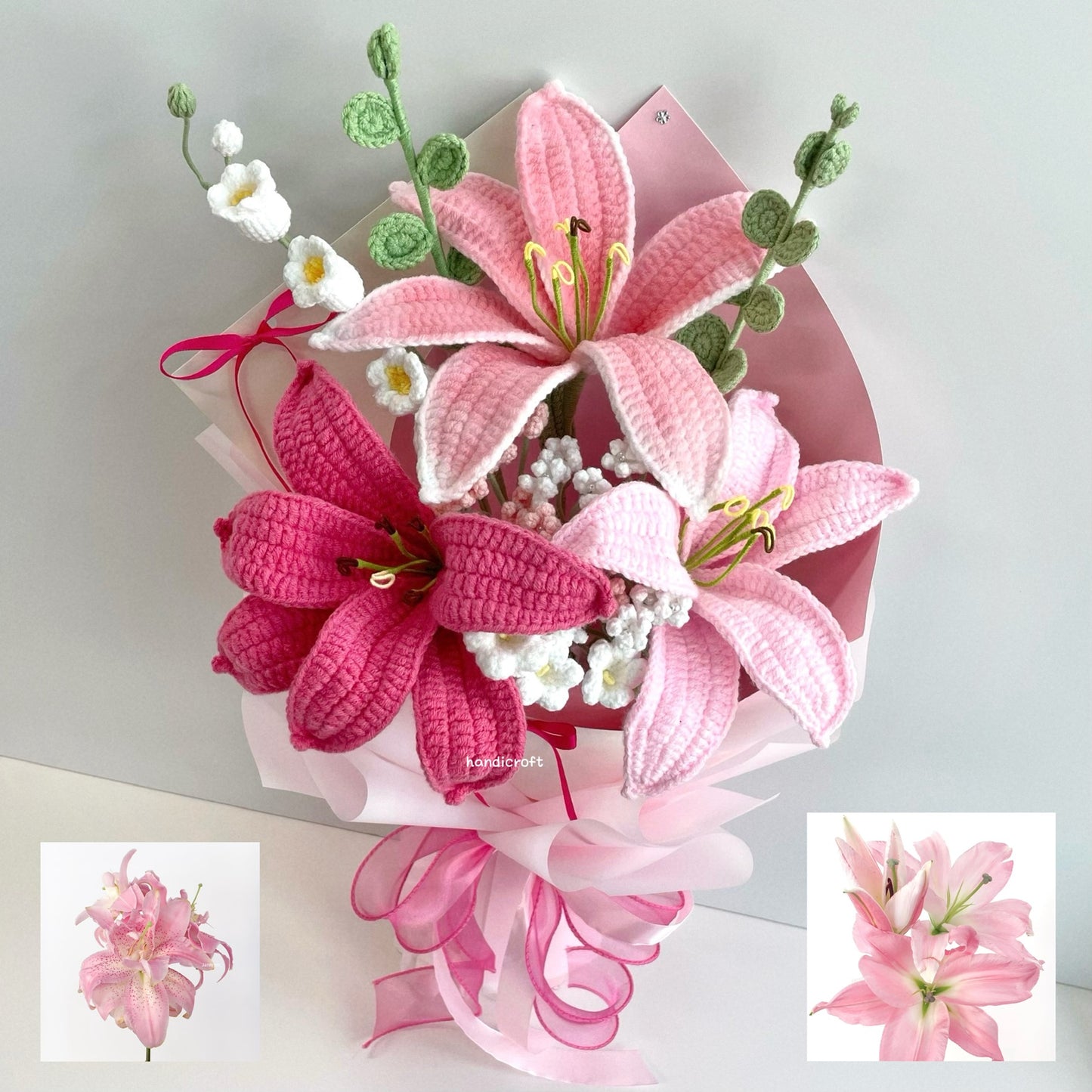 handicroft handmade crochet pink lily trio flower bouquet whispers of lilies