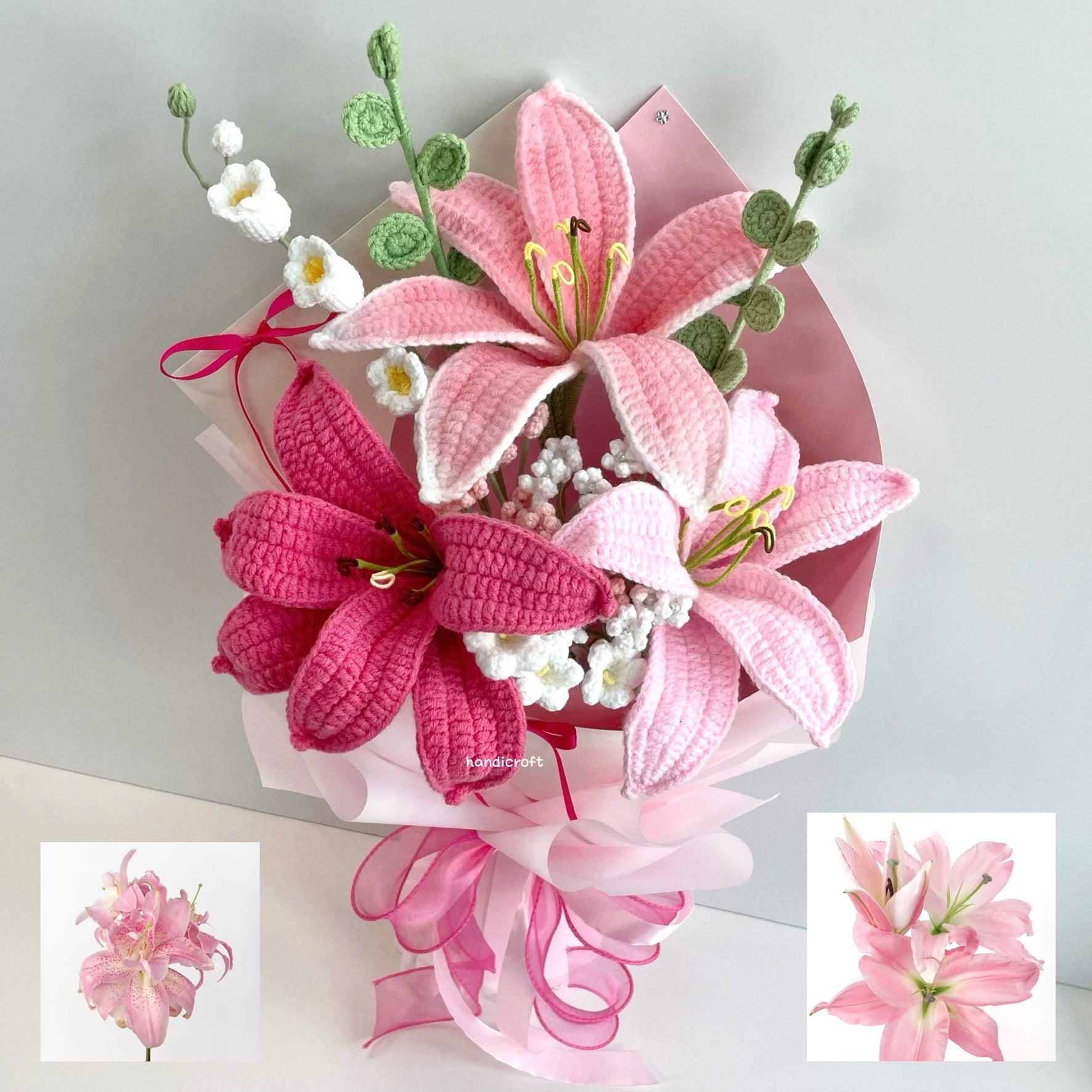 handicroft handmade crochet pink lily trio flower bouquet whispers of lilies