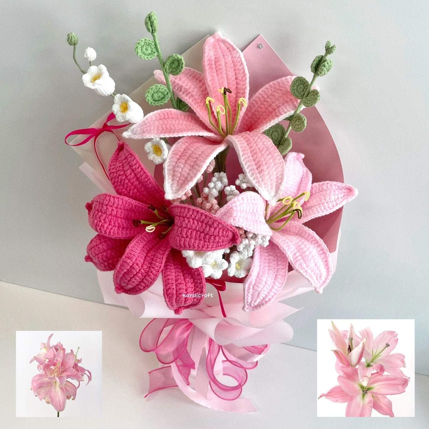 handicroft handmade crochet pink lily trio flower bouquet whispers of lilies