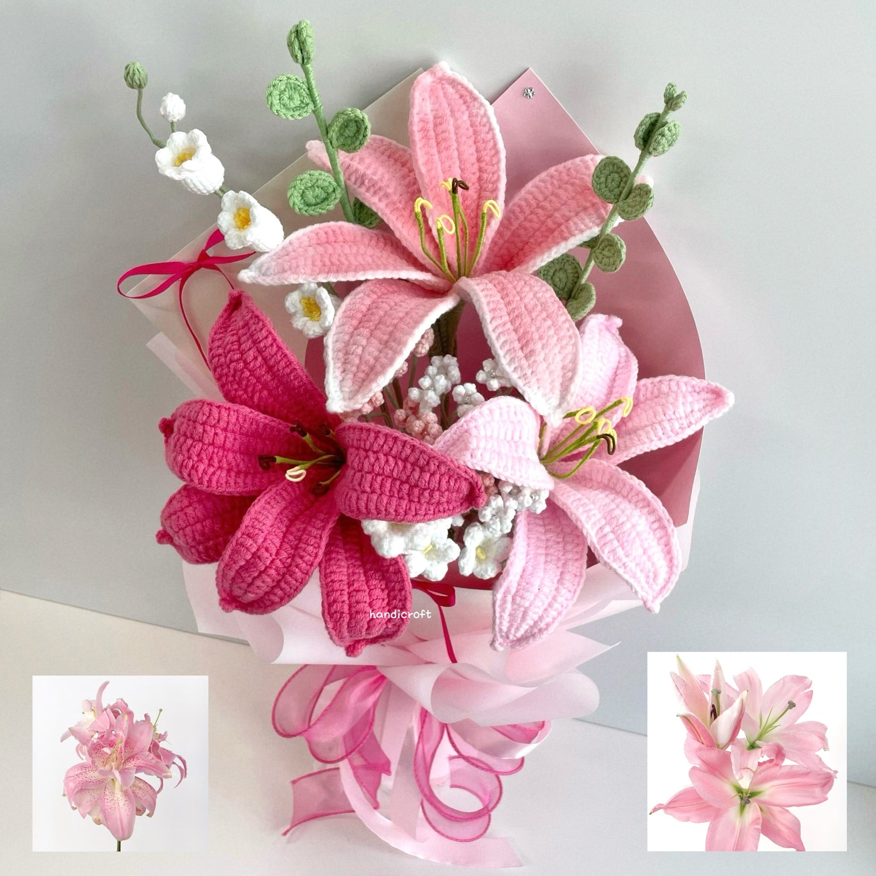handicroft handmade crochet pink lily trio flower bouquet whispers of lilies