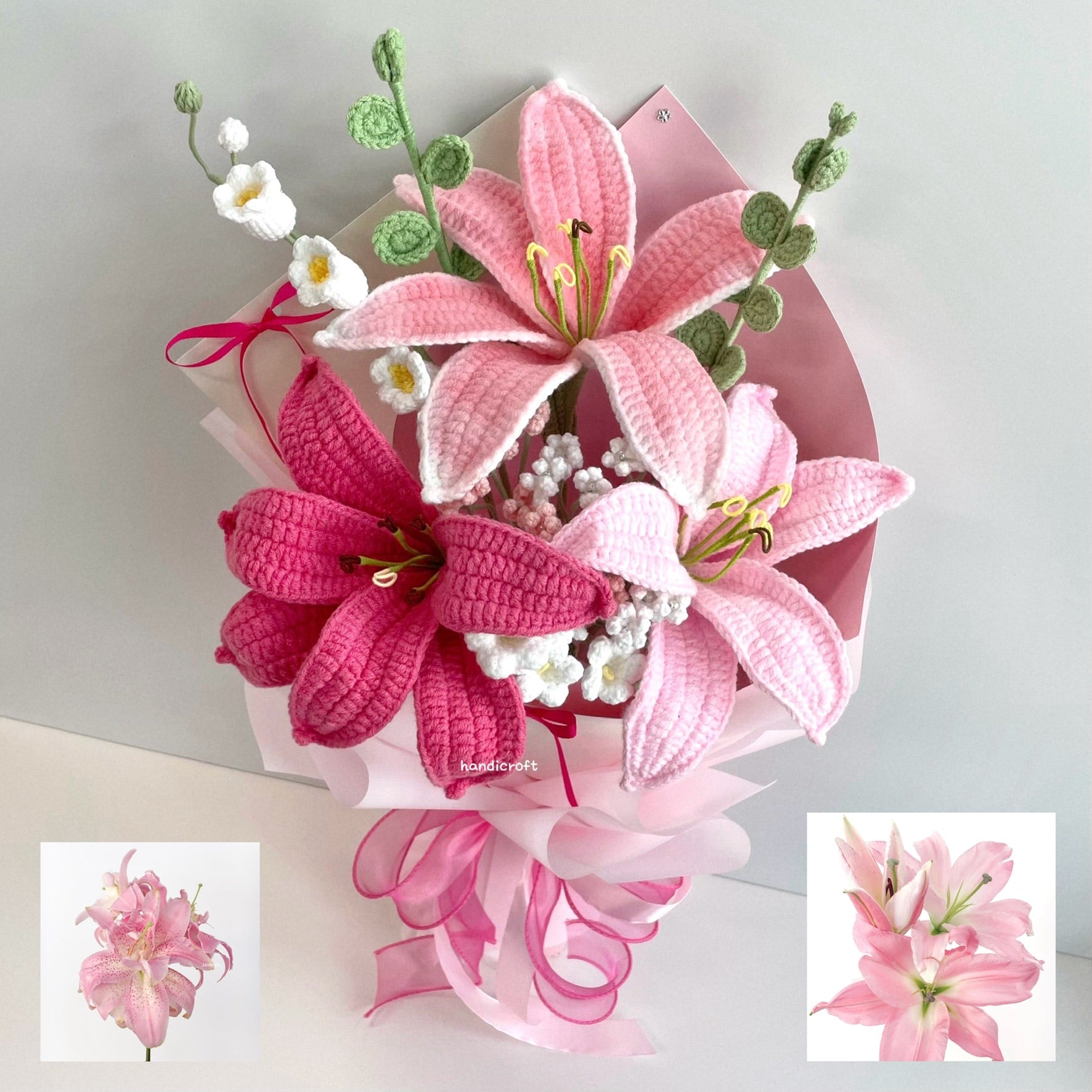 handicroft handmade crochet pink lily trio flower bouquet whispers of lilies