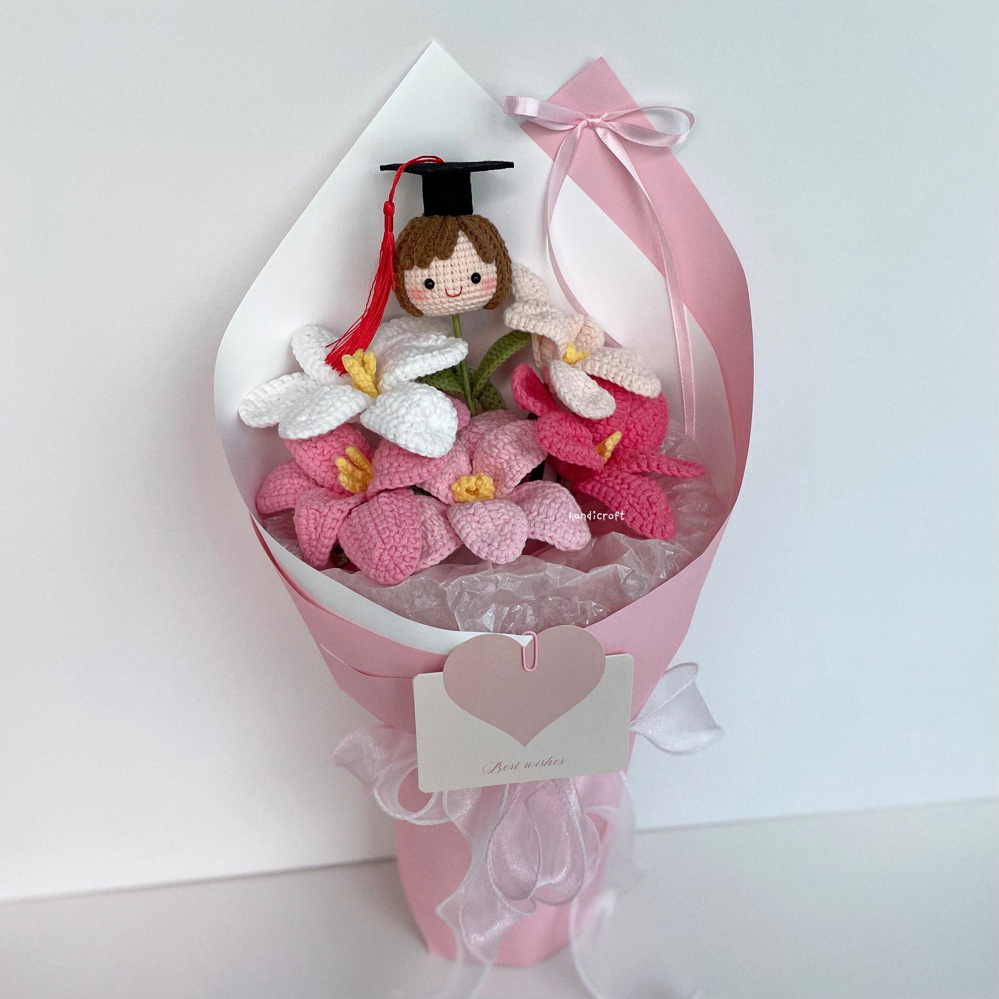 handicroft handmade crochet pink open tulips graduation flower bouquet tulips in bloom