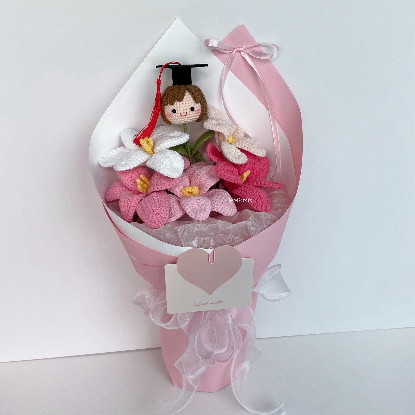 handicroft handmade crochet pink open tulips graduation flower bouquet tulips in bloom