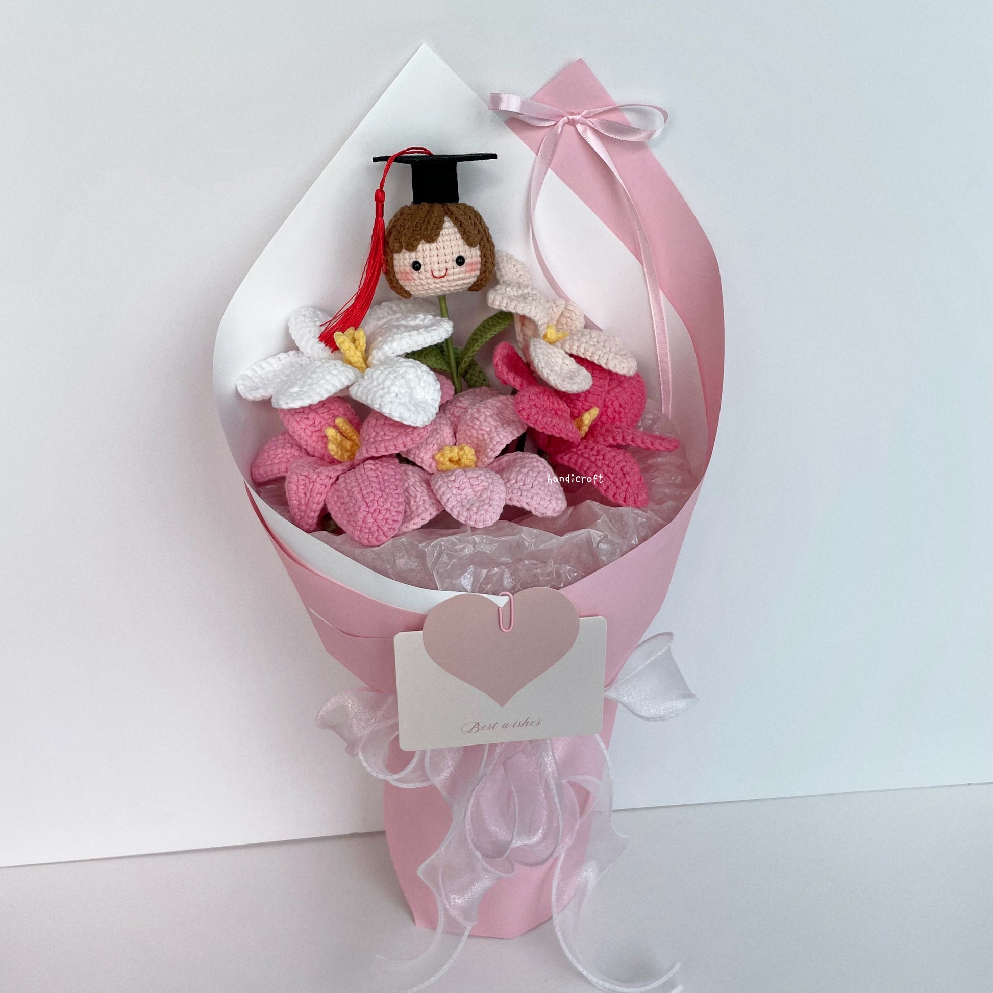 handicroft handmade crochet pink open tulips graduation flower bouquet tulips in bloom
