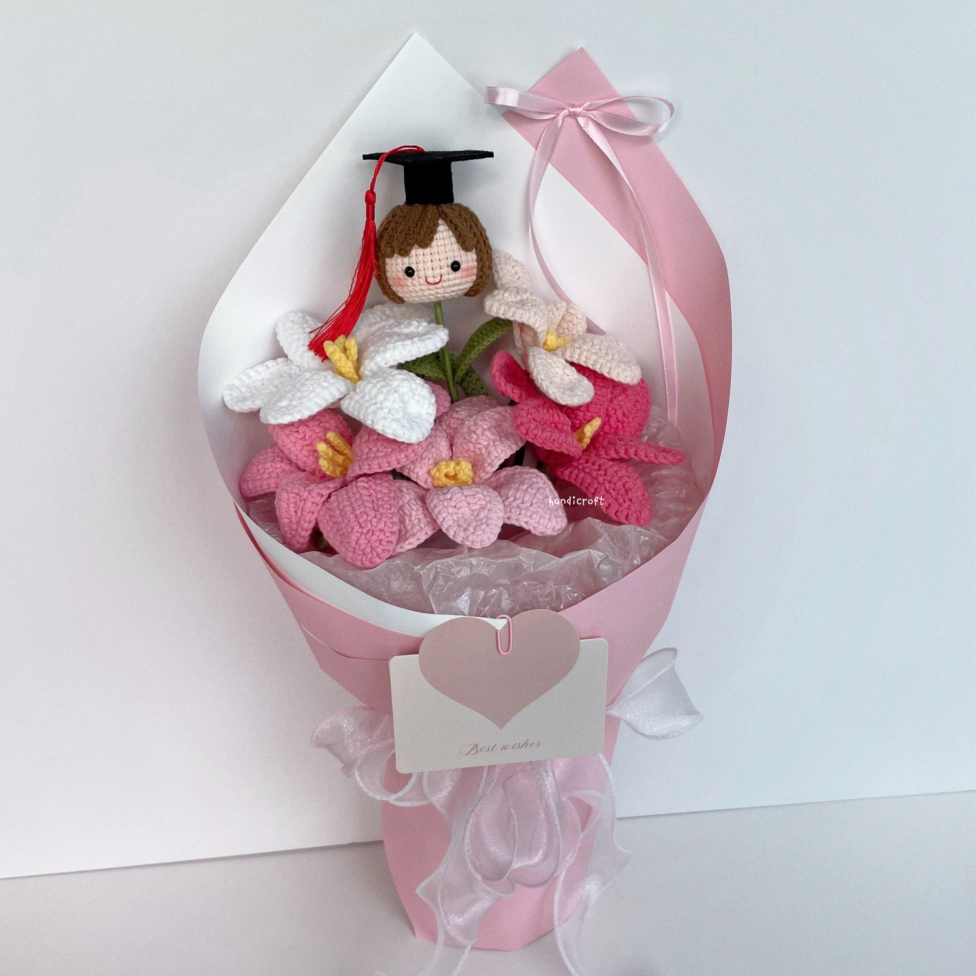 handicroft handmade crochet pink open tulips graduation flower bouquet tulips in bloom