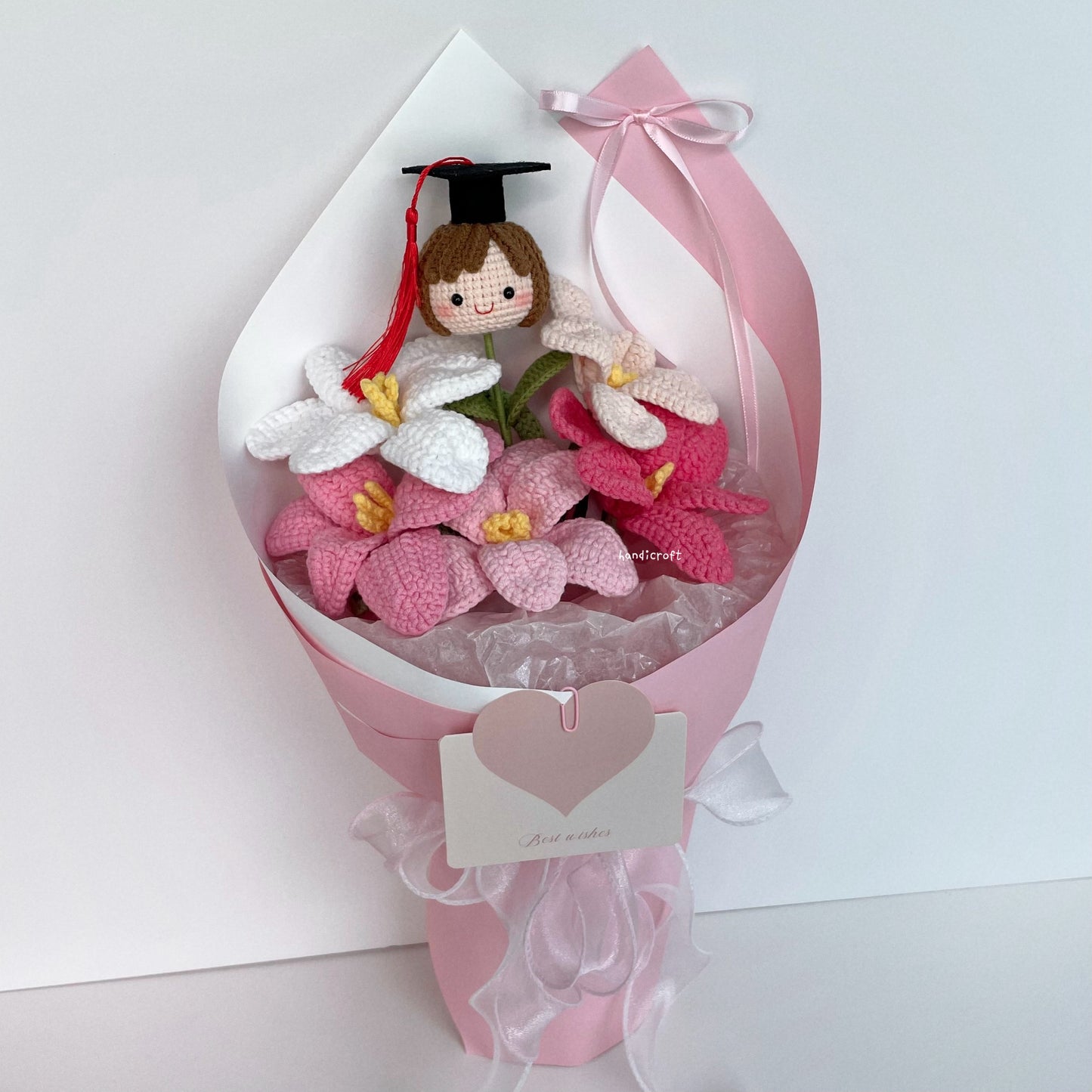 handicroft handmade crochet pink open tulips graduation flower bouquet tulips in bloom