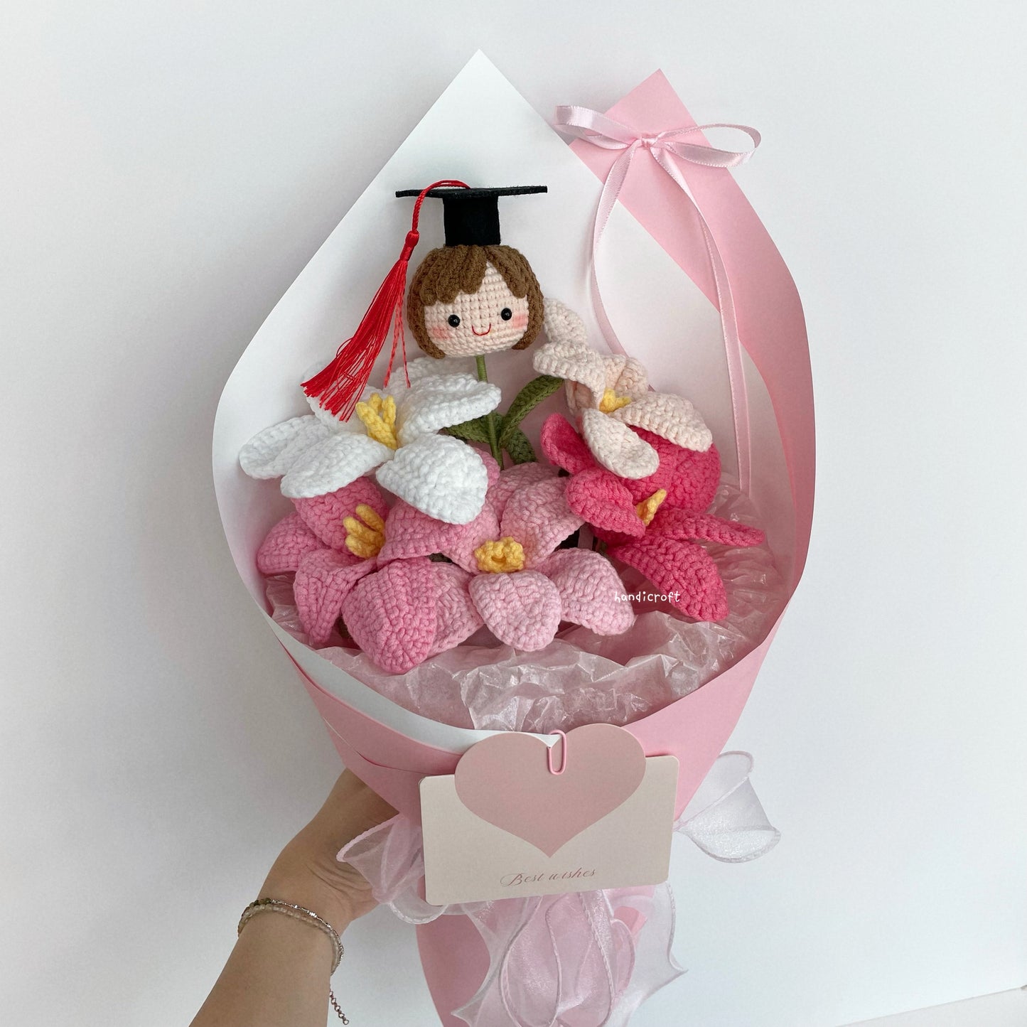 handicroft handmade crochet pink open tulips graduation flower bouquet tulips in bloom