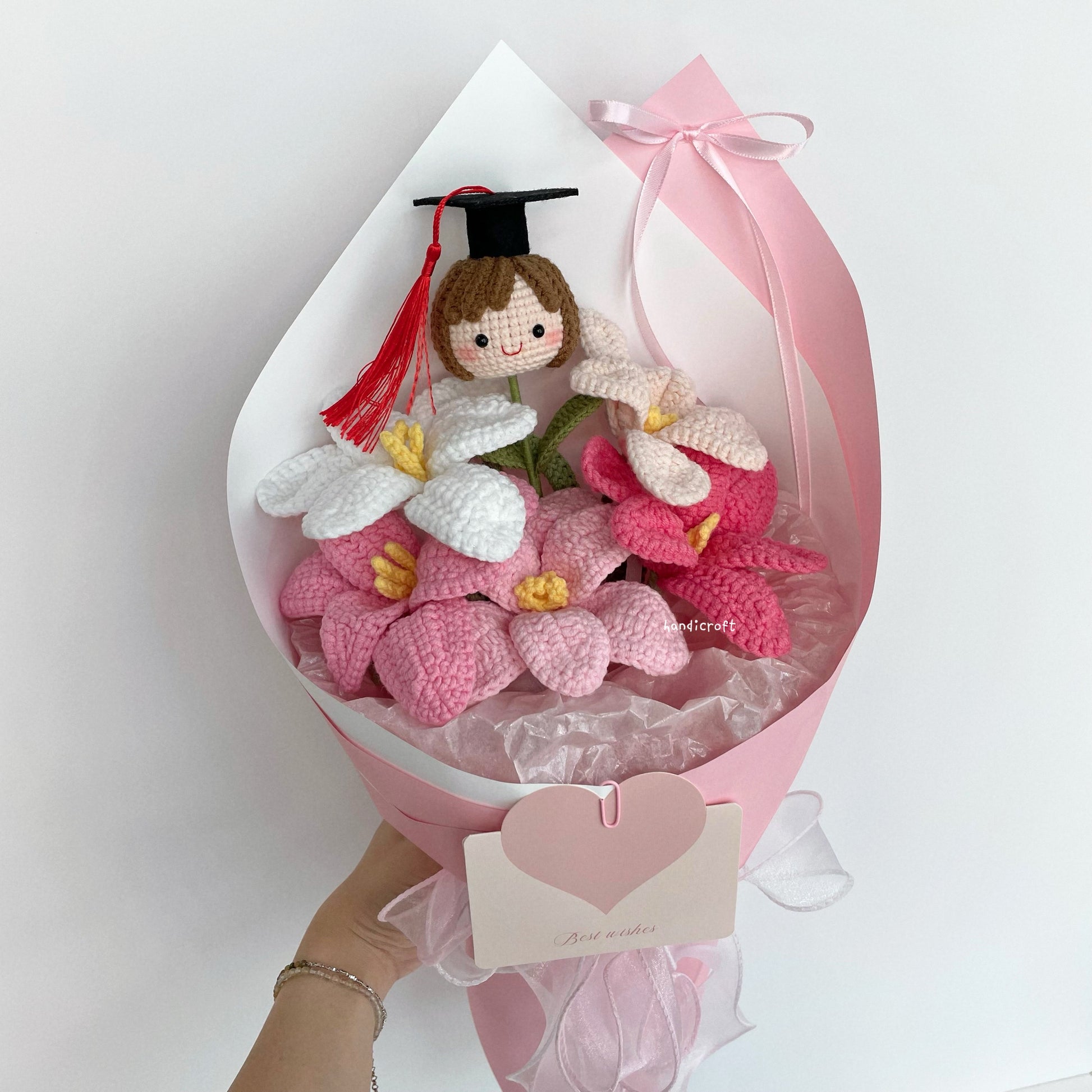 handicroft handmade crochet pink open tulips graduation flower bouquet tulips in bloom