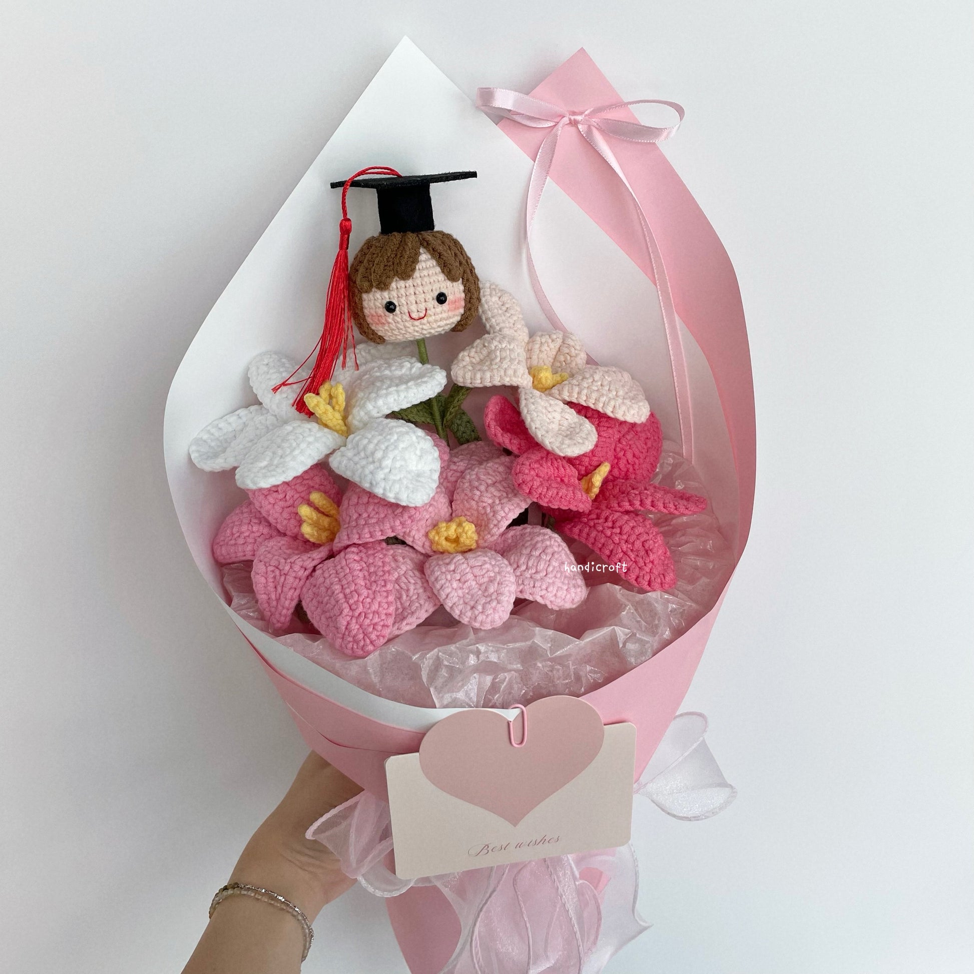 handicroft handmade crochet pink open tulips graduation flower bouquet tulips in bloom