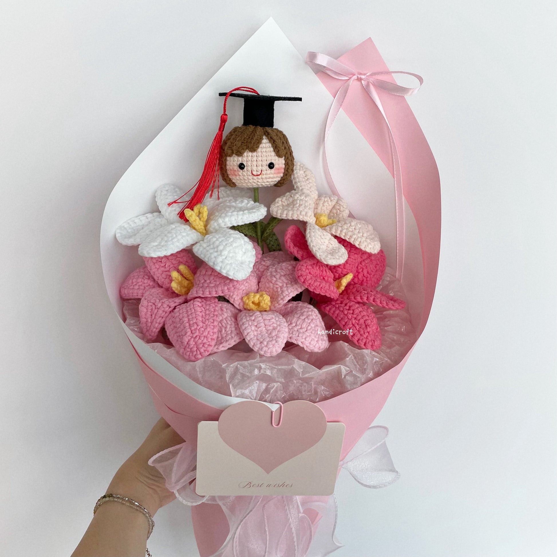 handicroft handmade crochet pink open tulips graduation flower bouquet tulips in bloom
