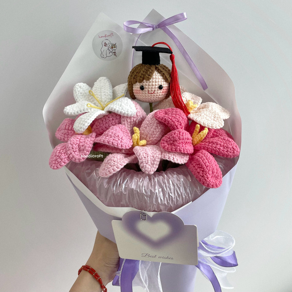 handicroft handmade crochet pink open tulips graduation flower bouquet tulips in bloom purple