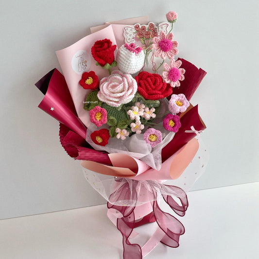 handicroft handmade crochet pink & red flower bouquet blushing cherry