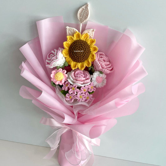 handicroft handmade crochet pink sunflower bouquet rosy appreciation