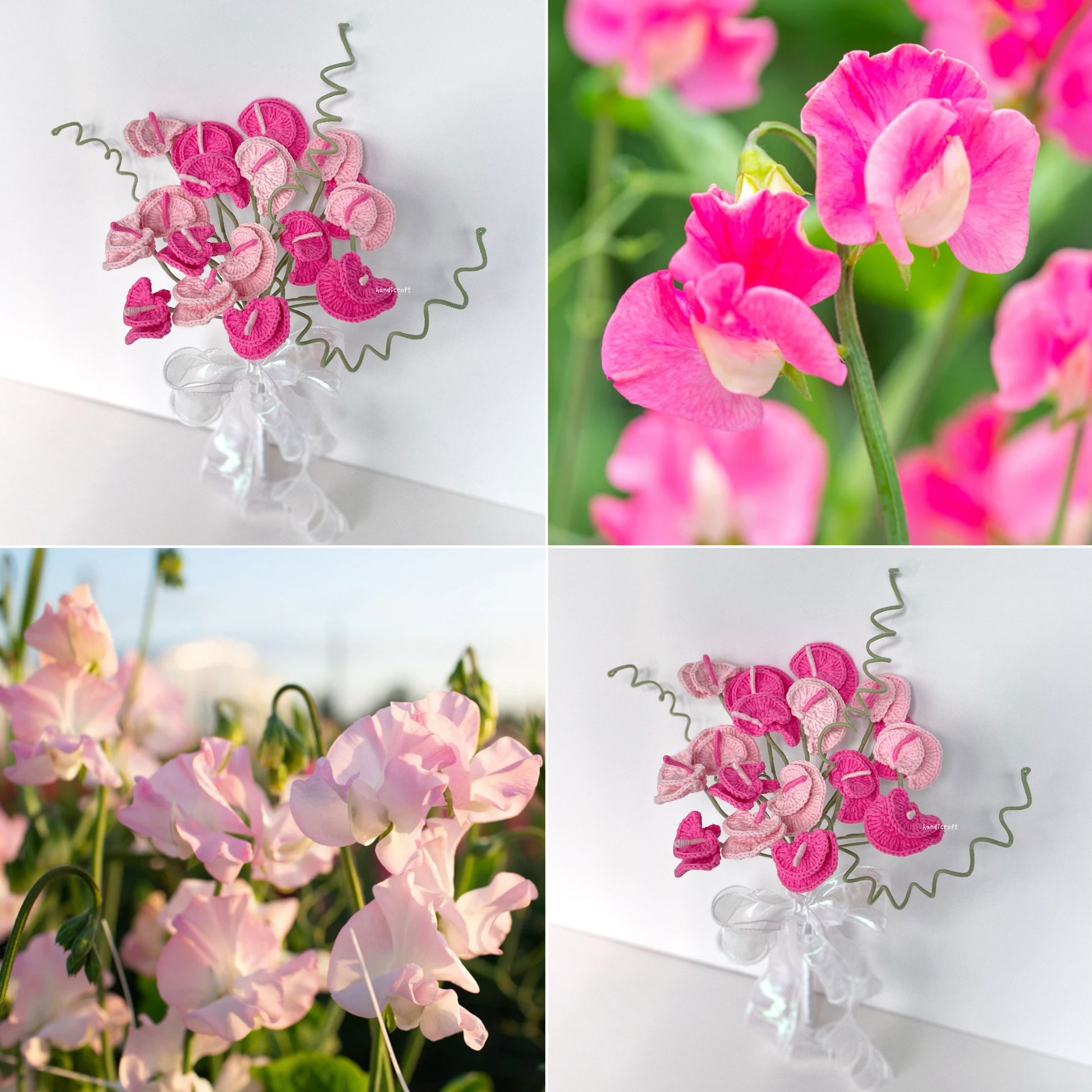 handicroft handmade crochet pink sweet pea flower bouquet blush of sweet pea