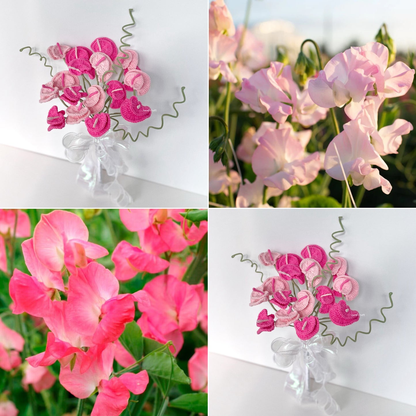 handicroft handmade crochet pink sweet pea flower bouquet blush of sweet pea