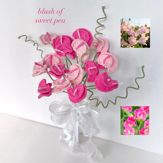 handicroft handmade crochet pink sweet pea flower bouquet blush of sweet pea