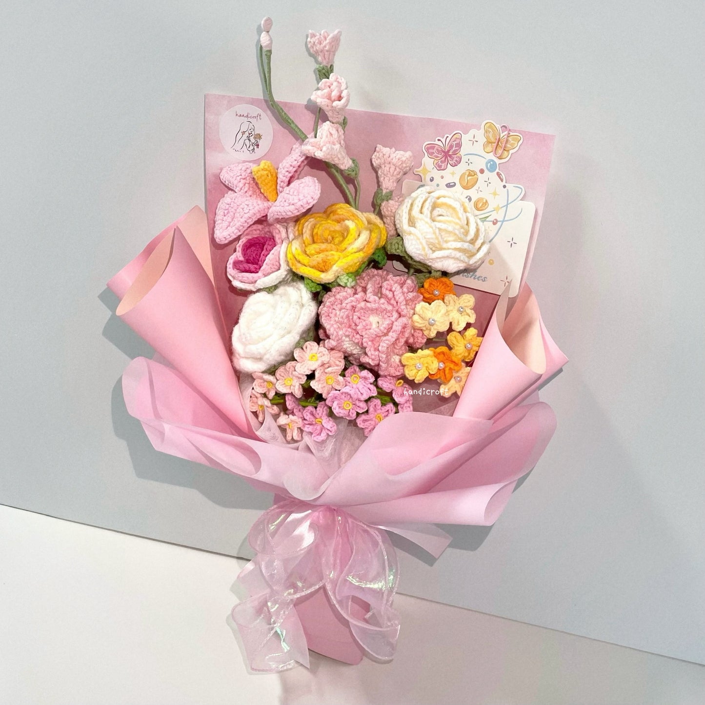 handicroft handmade crochet pink & yellow flower bouquet sunshine bliss
