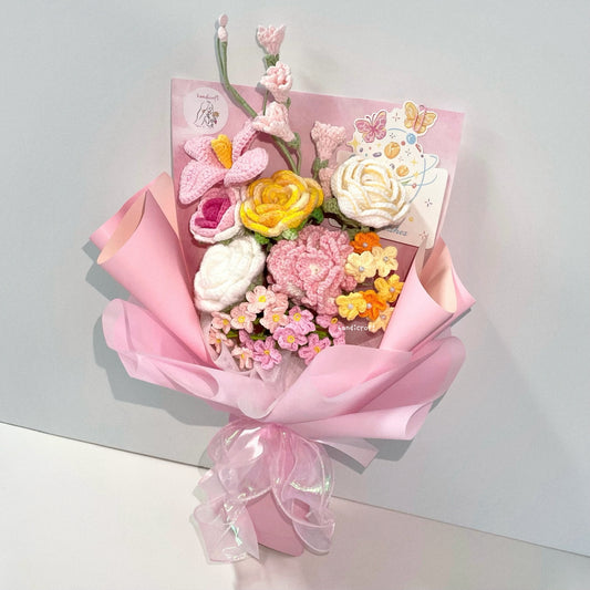 handicroft handmade crochet pink & yellow flower bouquet sunshine bliss
