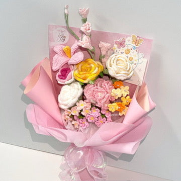handicroft handmade crochet pink & yellow flower bouquet sunshine bliss