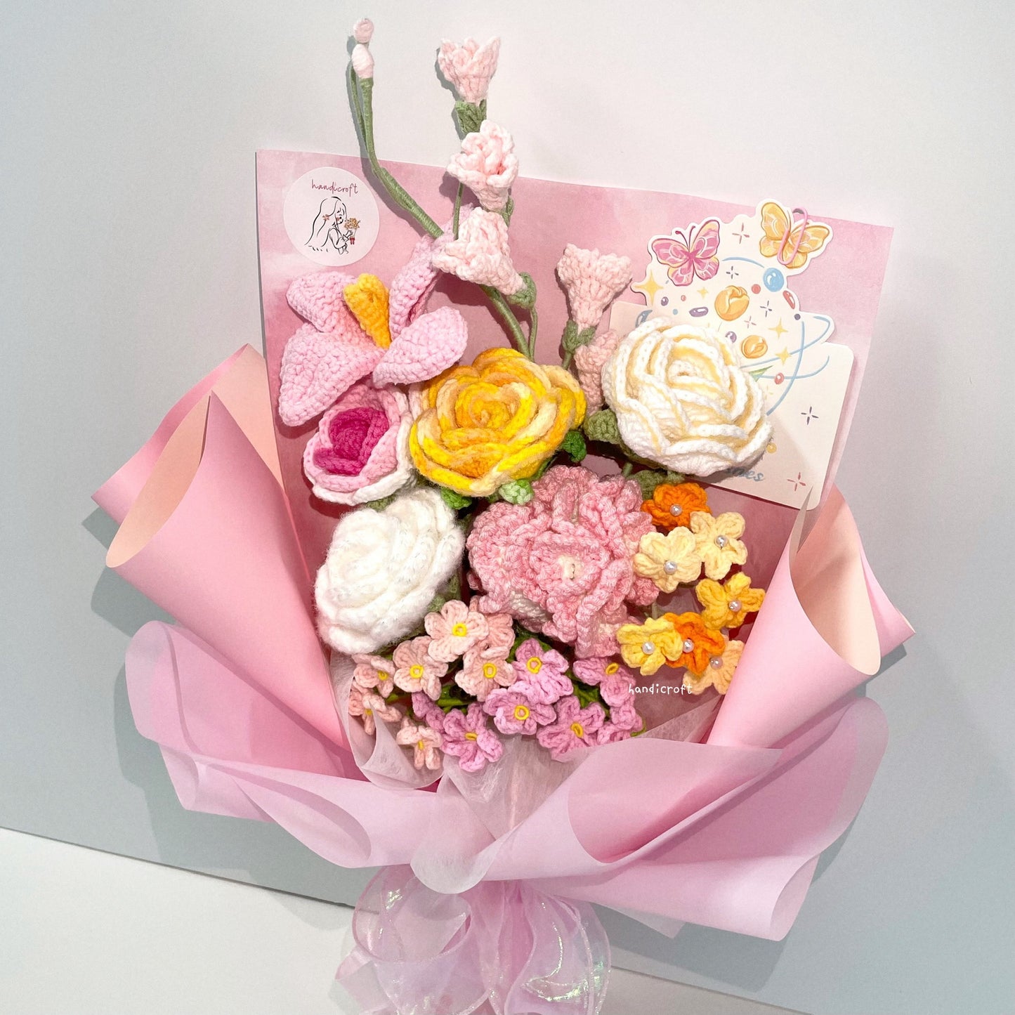 handicroft handmade crochet pink & yellow flower bouquet sunshine bliss