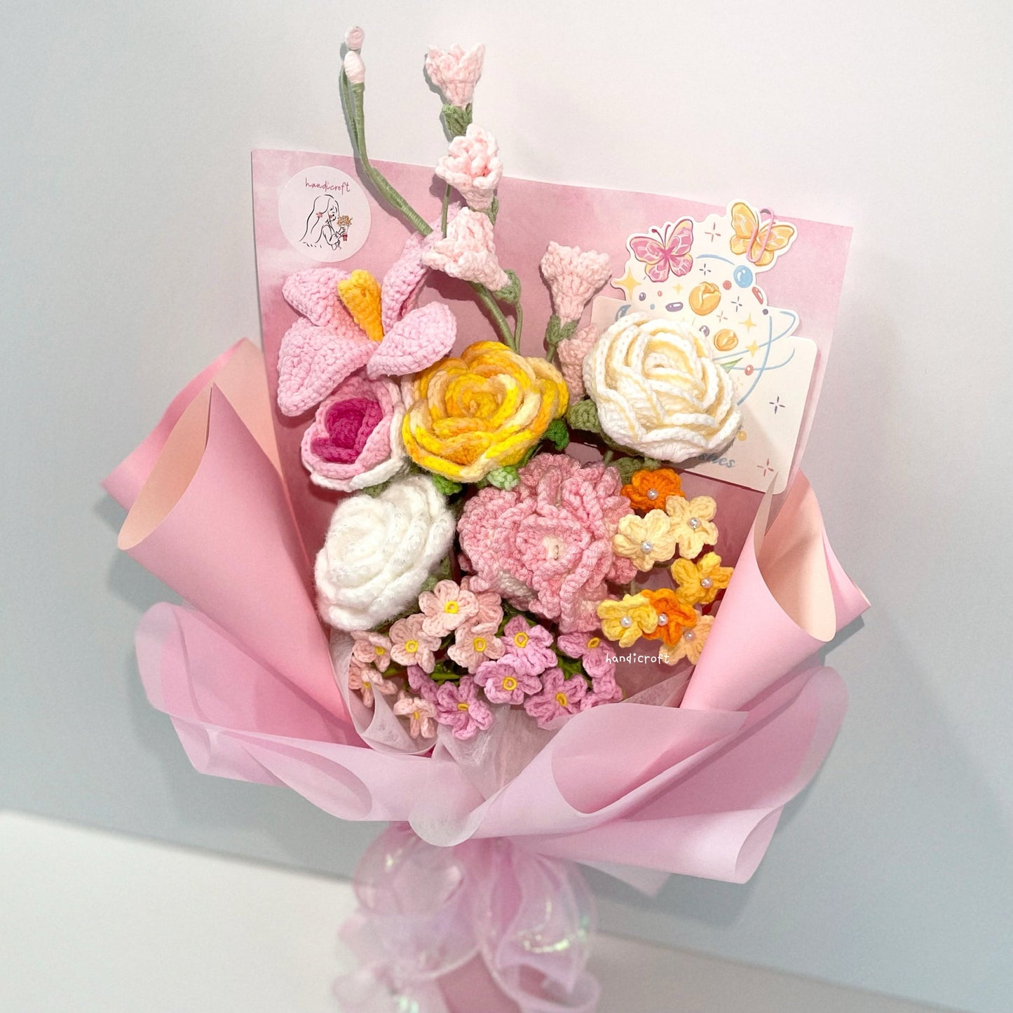 handicroft handmade crochet pink & yellow flower bouquet sunshine bliss