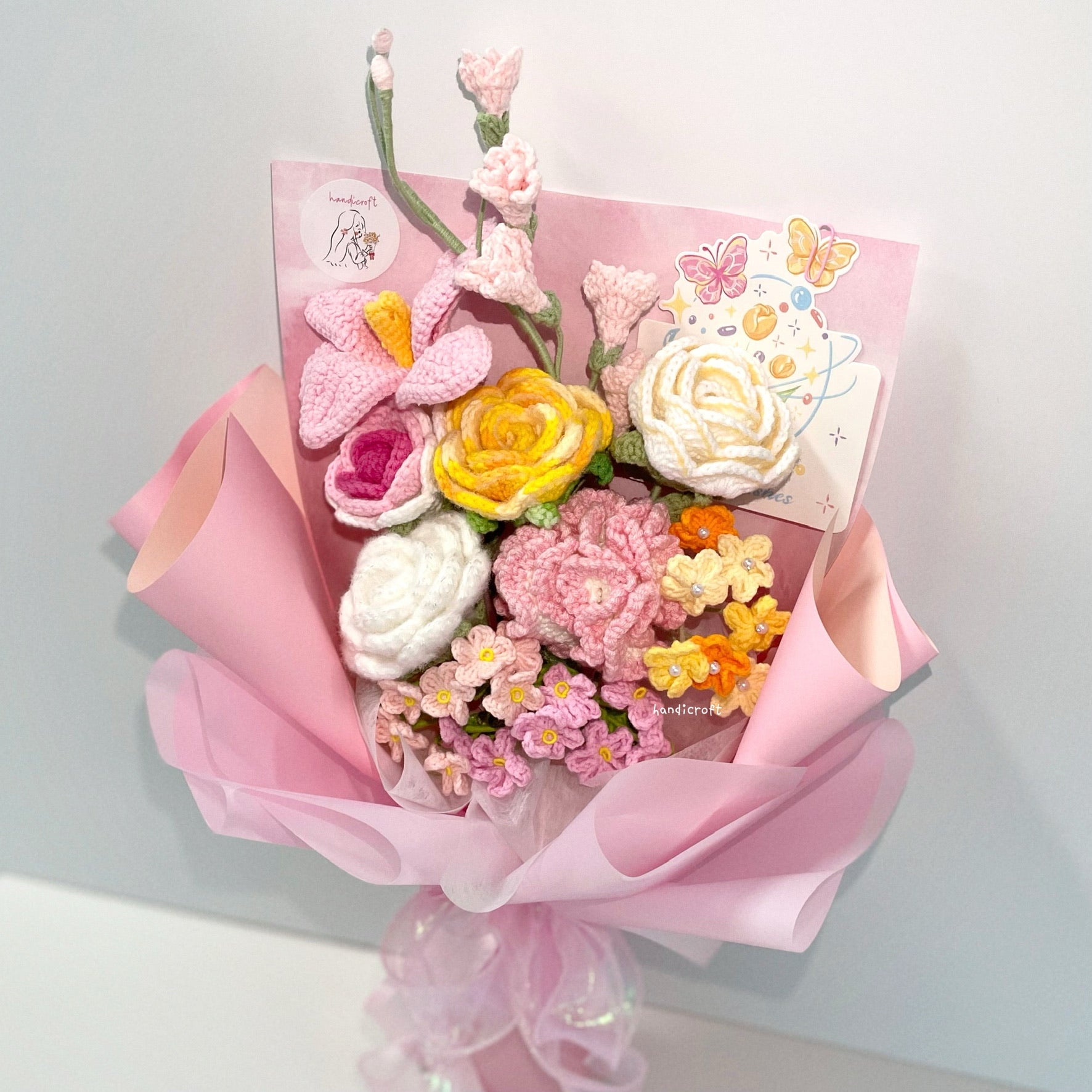 handicroft handmade crochet pink & yellow flower bouquet sunshine bliss