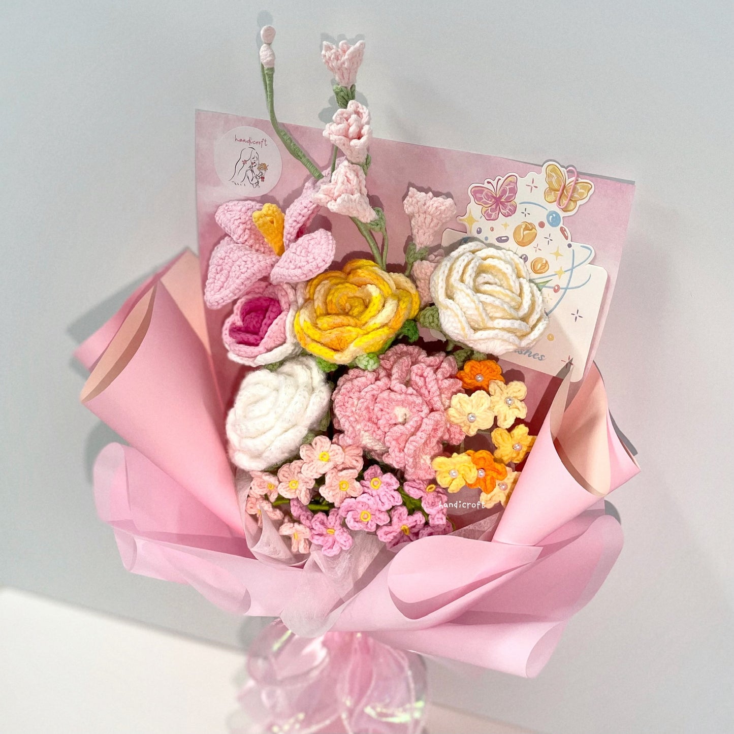 handicroft handmade crochet pink & yellow flower bouquet sunshine bliss