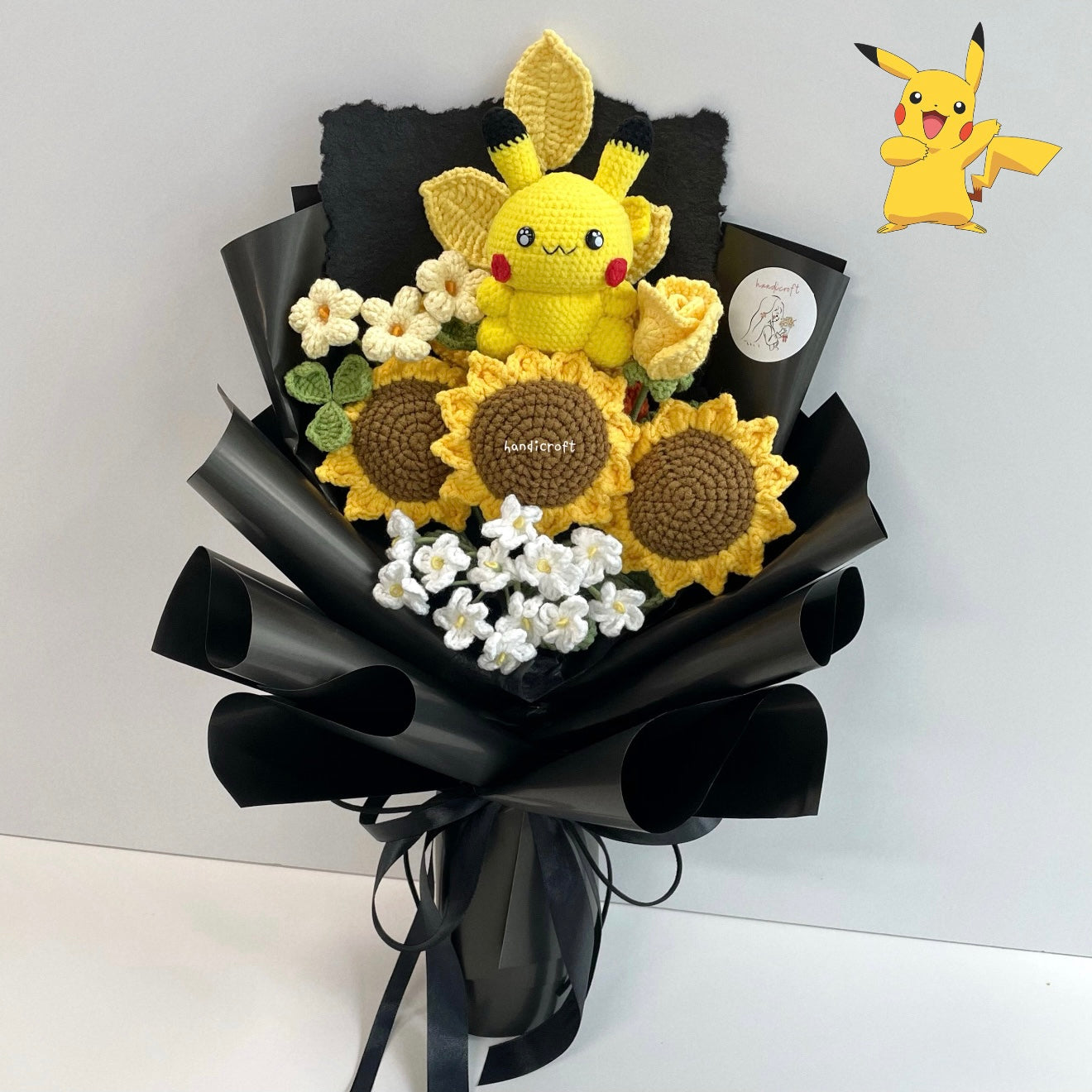 handicroft handmade crochet pokemon pikachu character sunflower flower bouquet pika-pika sunshine