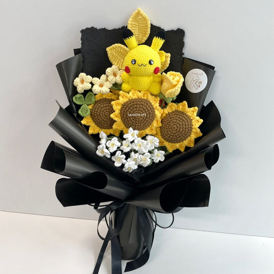 handicroft handmade crochet pokemon pikachu character sunflower flower bouquet pika-pika sunshine