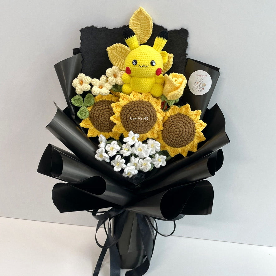 handicroft handmade crochet pokemon pikachu character sunflower flower bouquet pika-pika sunshine