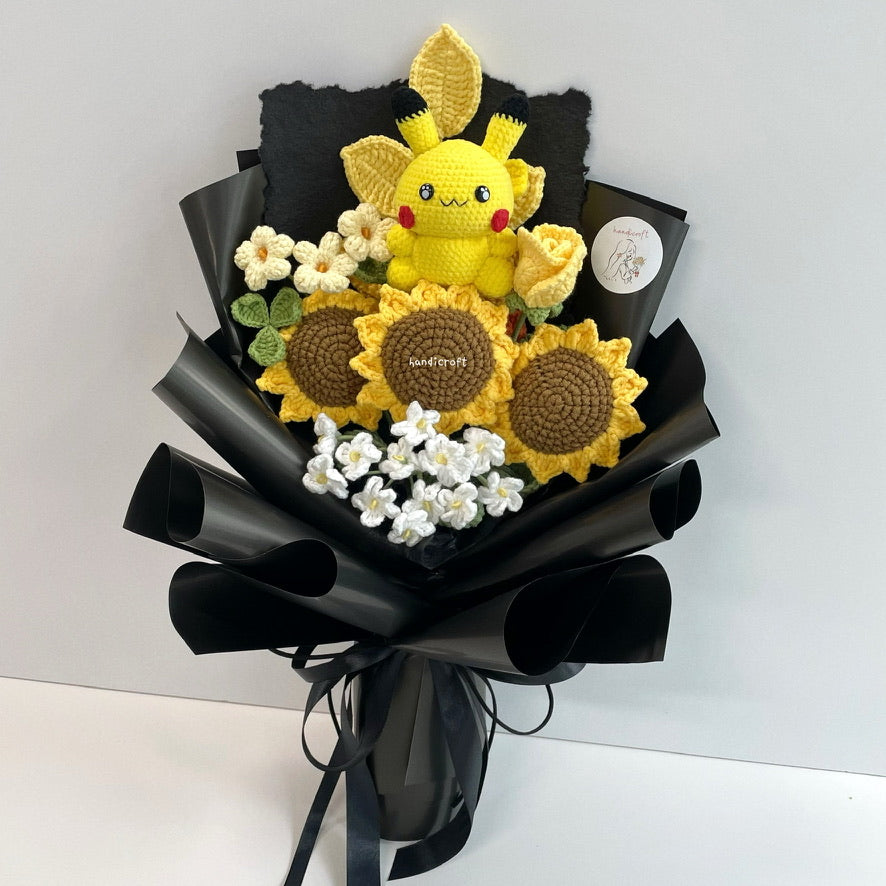 handicroft handmade crochet pokemon pikachu character sunflower flower bouquet pika-pika sunshine