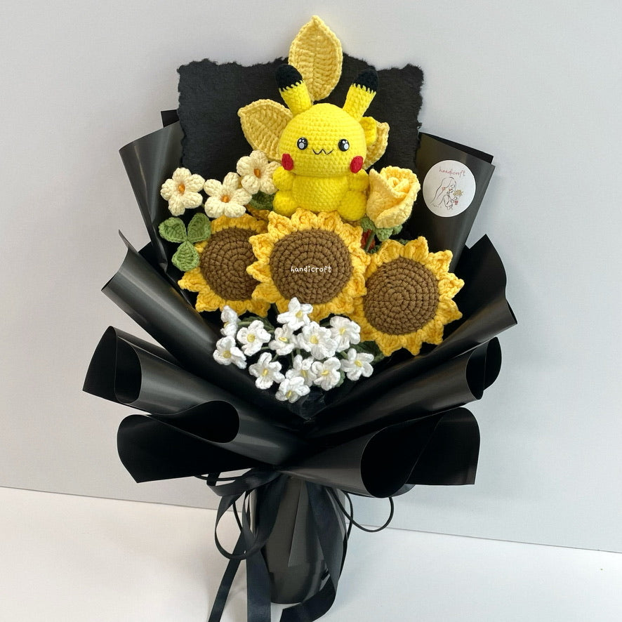 handicroft handmade crochet pokemon pikachu character sunflower flower bouquet pika-pika sunshine