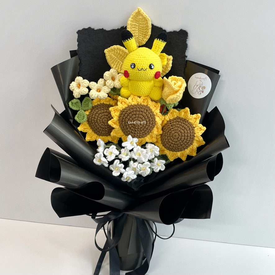handicroft handmade crochet pokemon pikachu character sunflower flower bouquet pika-pika sunshine