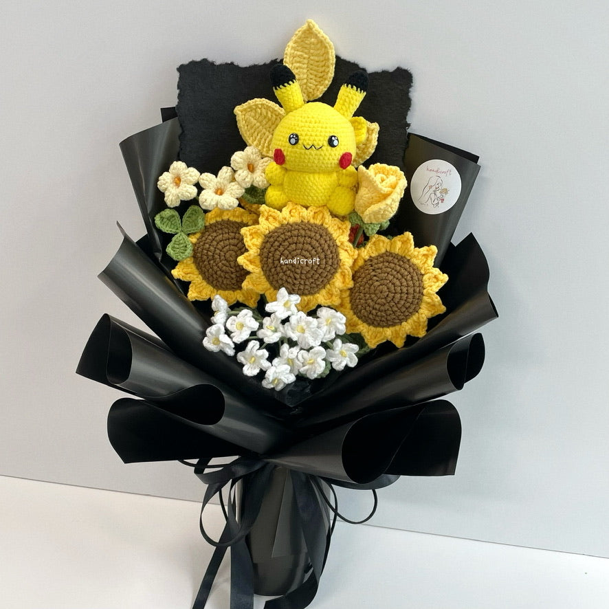 handicroft handmade crochet pokemon pikachu character sunflower flower bouquet pika-pika sunshine
