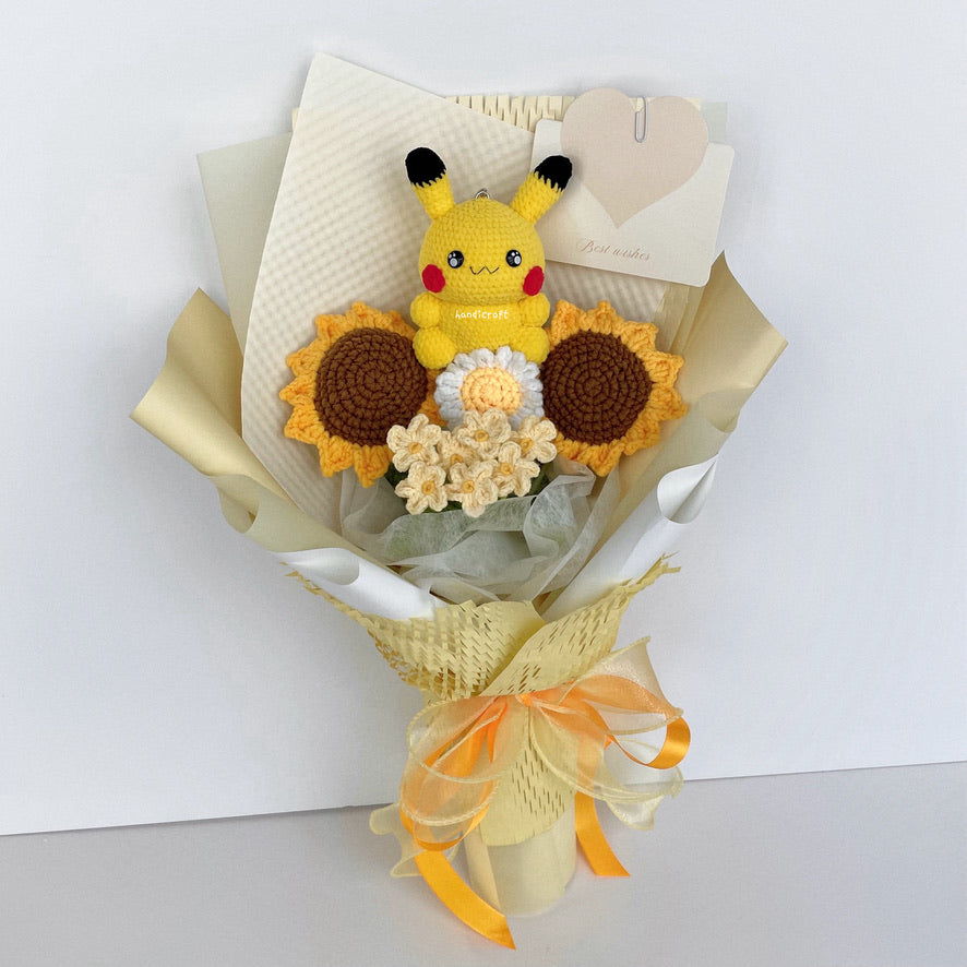 handicroft handmade crochet pokemon pikachu plush yellow sunflower bouquet pikachu's sunny smiles