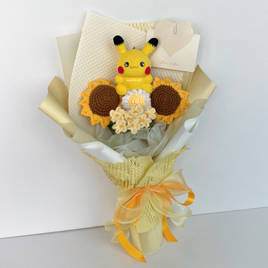 handicroft handmade crochet pokemon pikachu plush yellow sunflower bouquet pikachu's sunny smiles