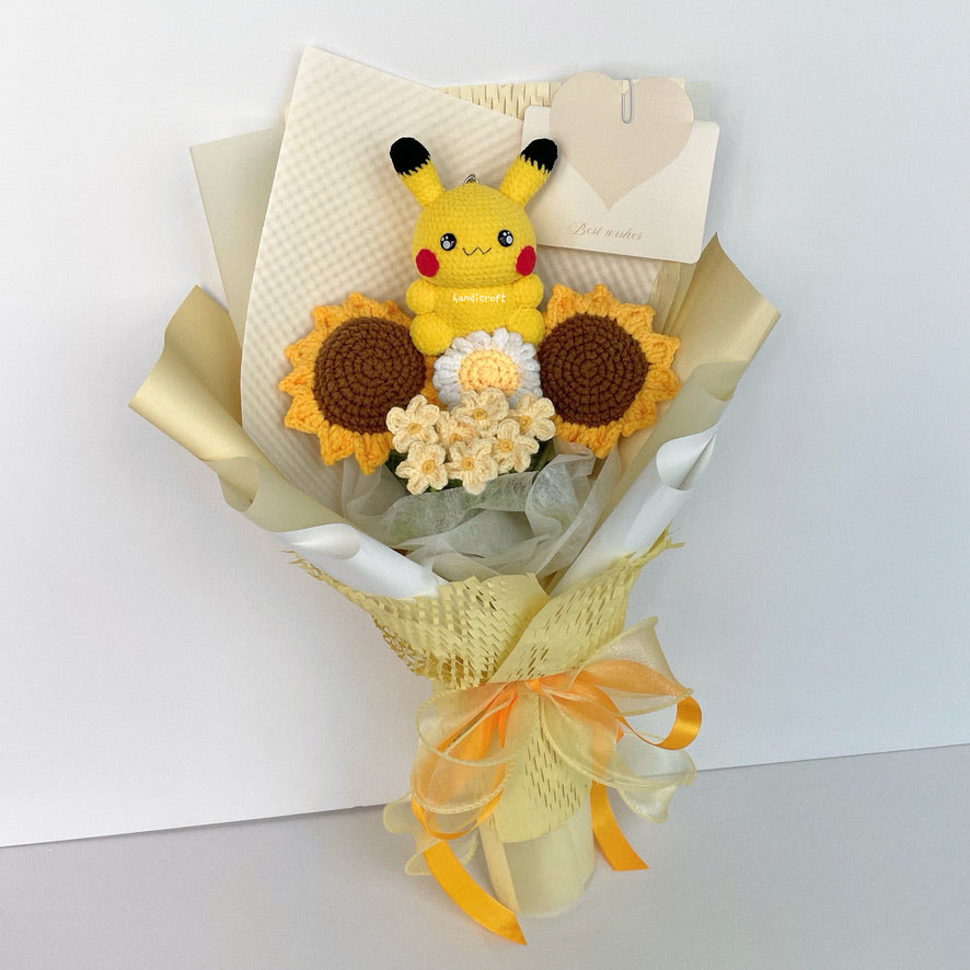 handicroft handmade crochet pokemon pikachu plush yellow sunflower bouquet pikachu's sunny smiles