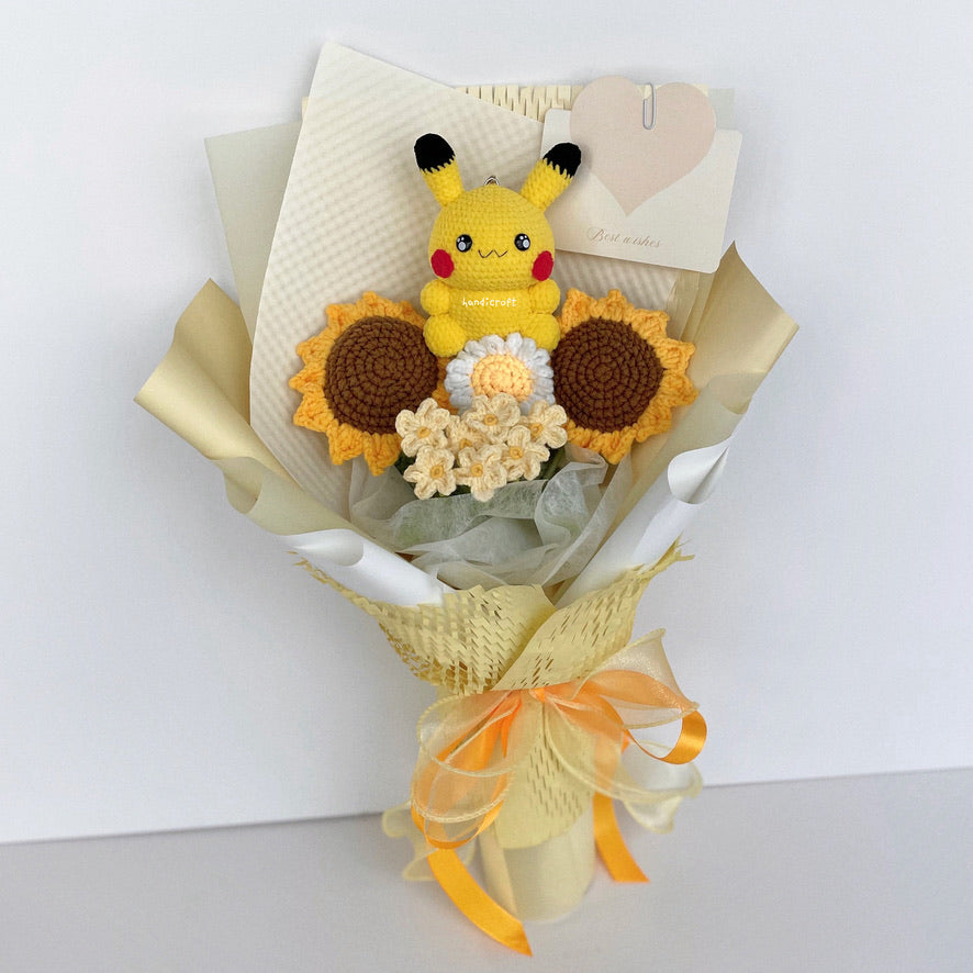 handicroft handmade crochet pokemon pikachu plush yellow sunflower bouquet pikachu's sunny smiles