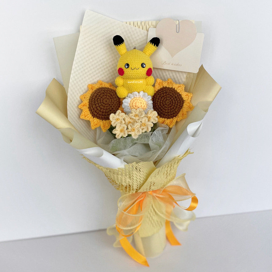 handicroft handmade crochet pokemon pikachu plush yellow sunflower bouquet pikachu's sunny smiles