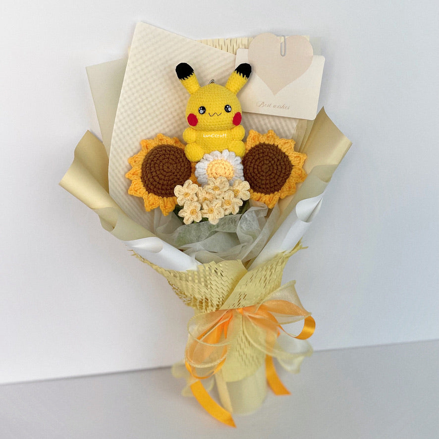handicroft handmade crochet pokemon pikachu plush yellow sunflower bouquet pikachu's sunny smiles