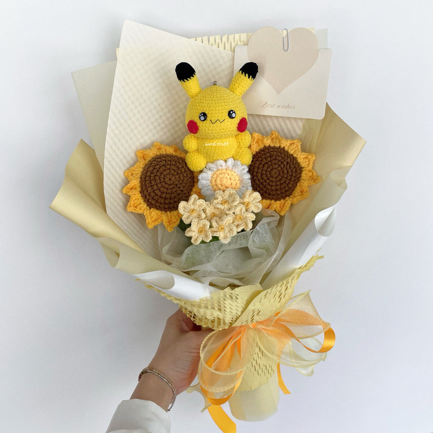 handicroft handmade crochet pokemon pikachu plush yellow sunflower bouquet pikachu's sunny smiles