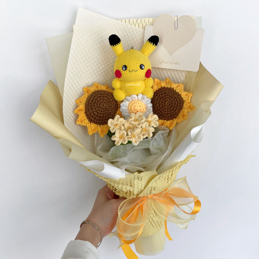 handicroft handmade crochet pokemon pikachu plush yellow sunflower bouquet pikachu's sunny smiles