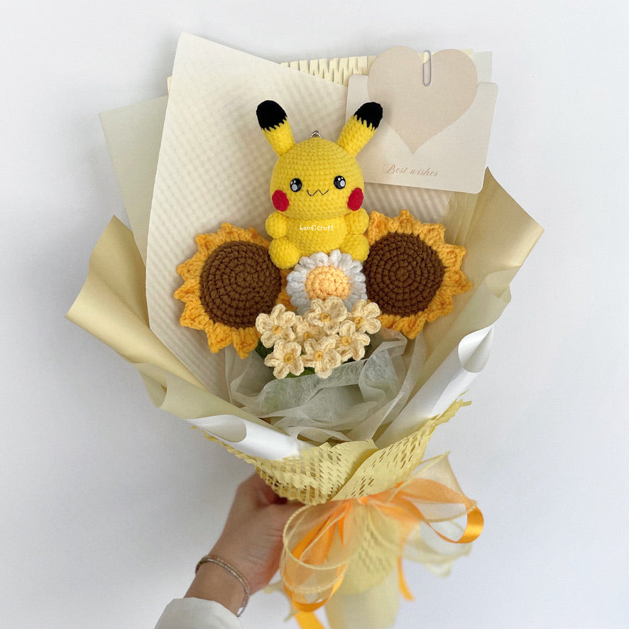 handicroft handmade crochet pokemon pikachu plush yellow sunflower bouquet pikachu's sunny smiles