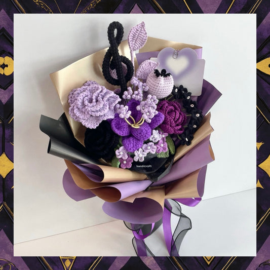 handicroft handmade crochet purple & black flower bouquet golden eclipse treble clef