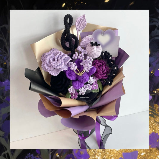 handicroft handmade crochet purple & black flower bouquet golden eclipse treble clef