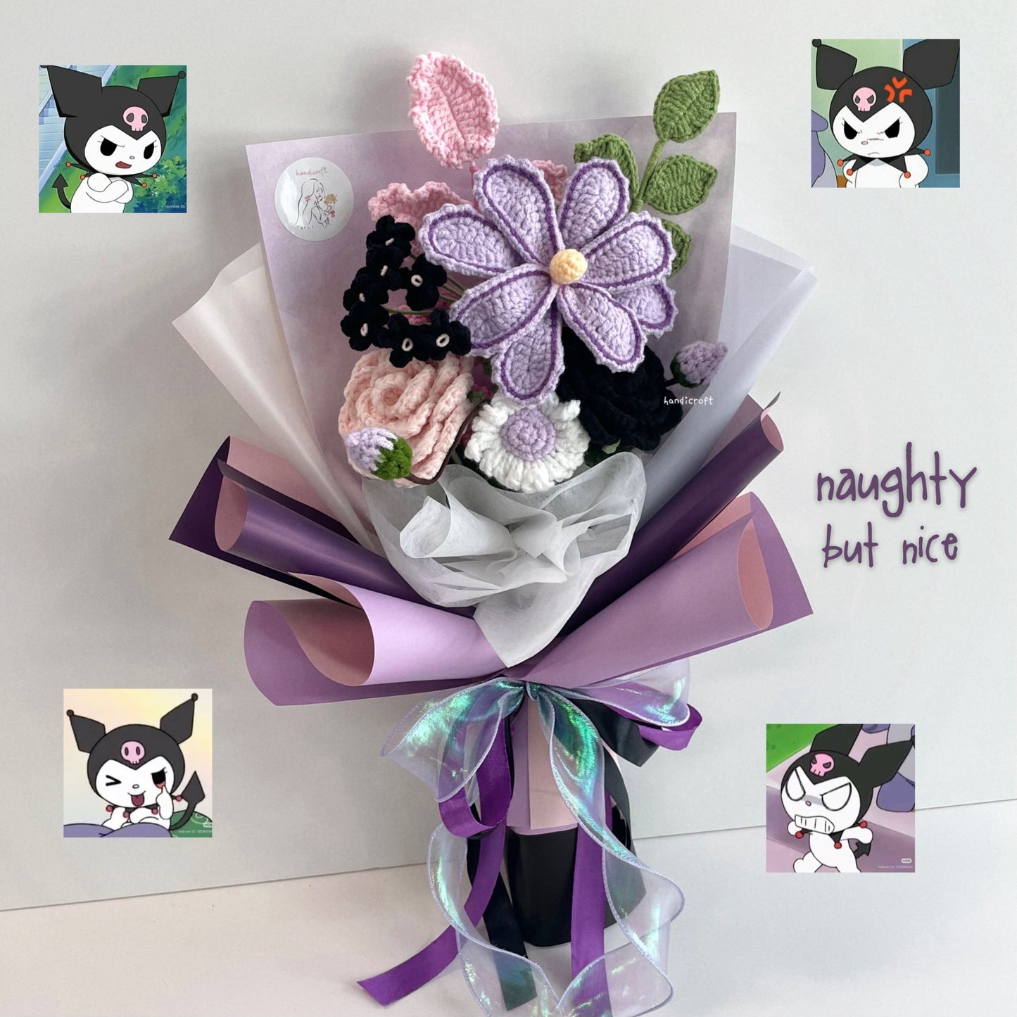 handicroft handmade crochet purple & black flower bouquet naughty but nice