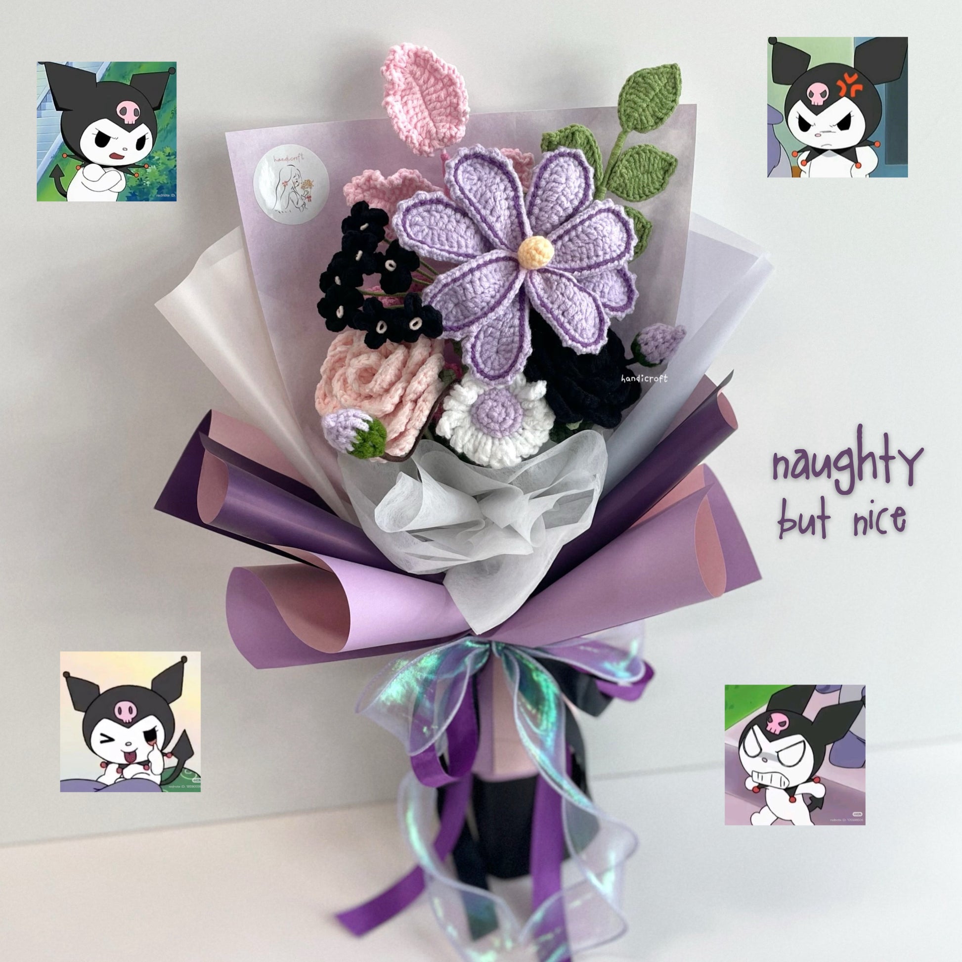 handicroft handmade crochet purple & black flower bouquet naughty but nice