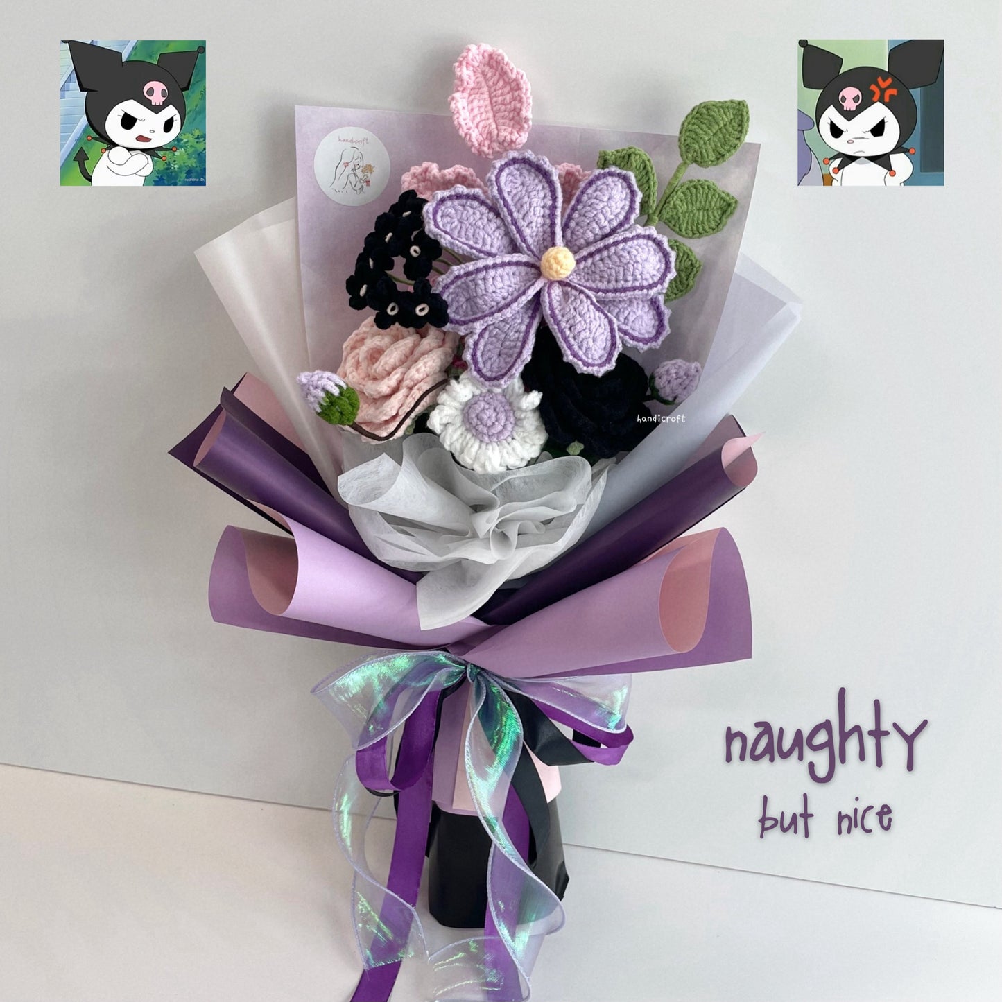 handicroft handmade crochet purple & black flower bouquet naughty but nice