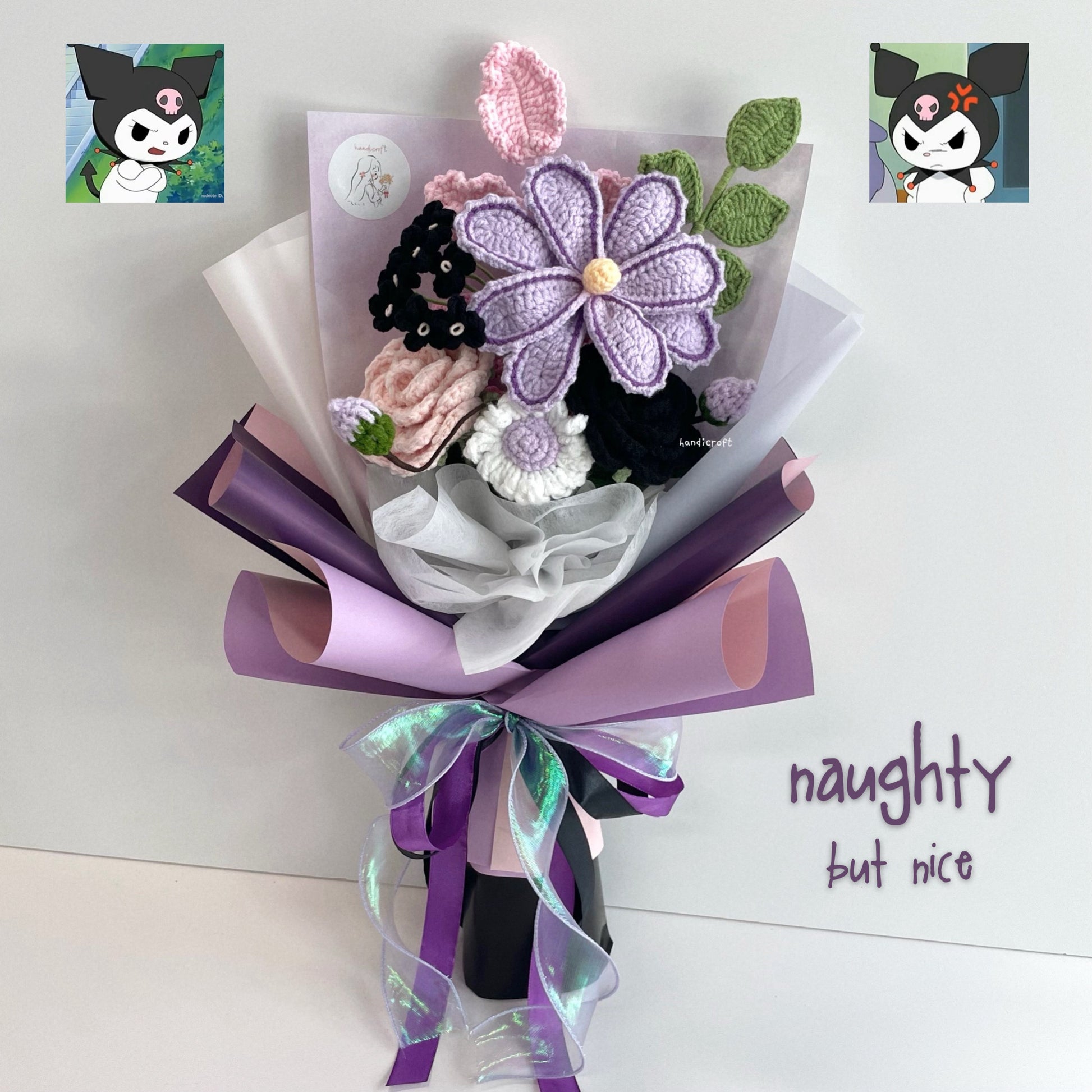 handicroft handmade crochet purple & black flower bouquet naughty but nice